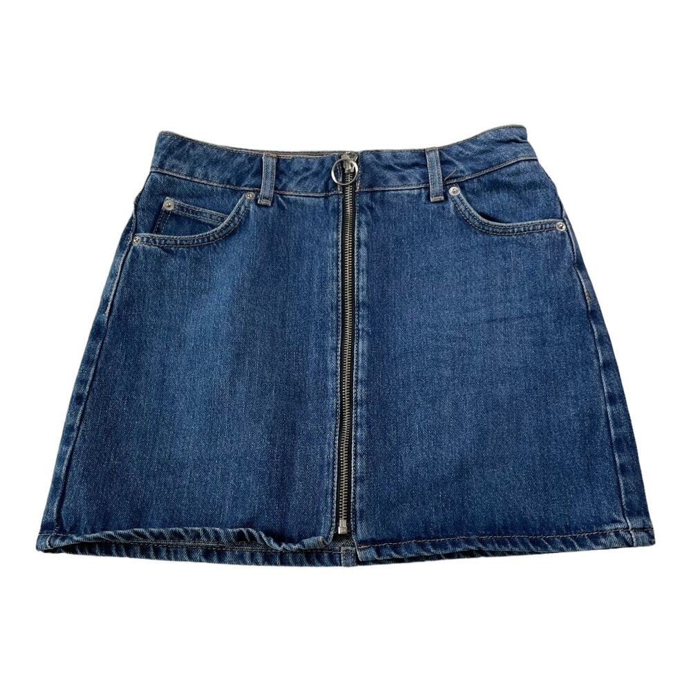 Topshop Womens Denim Skirt Size 4 Full Zip Mini Skirt Blue Jean Med Wash Skirt